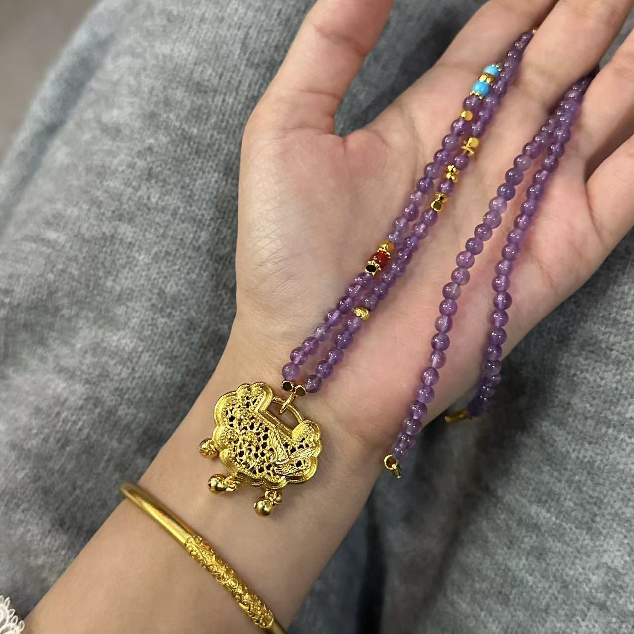 铜合金项链 平安锁紫色新中式项链-4425