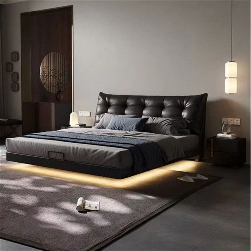 极简意式皮床高端软靠大气双人床悬浮床黑色卧室齐边大床婚床