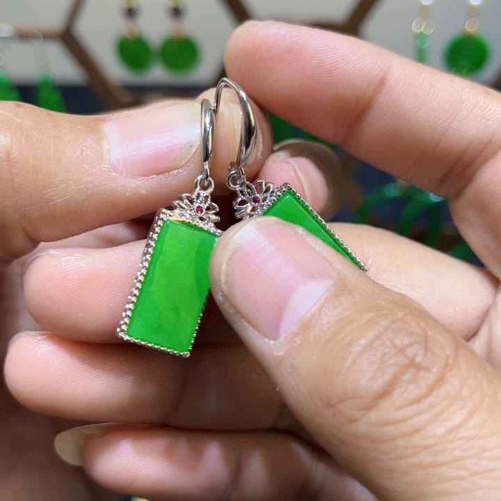 翡翠耳饰银S925镶嵌耳饰