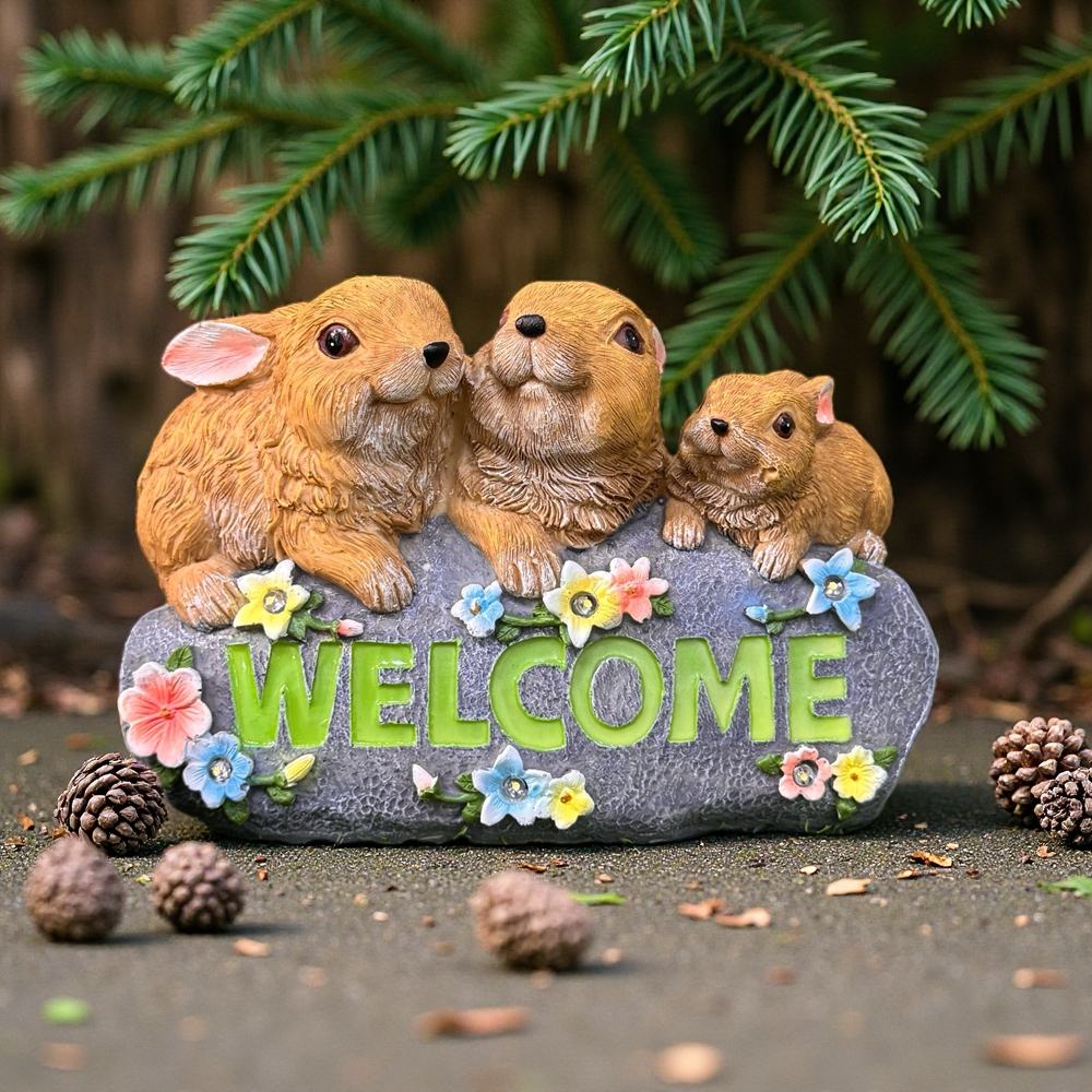 三只可爱小兔太阳能欢迎牌摆件户外草坪幼儿花园野餐庭院装饰摆件