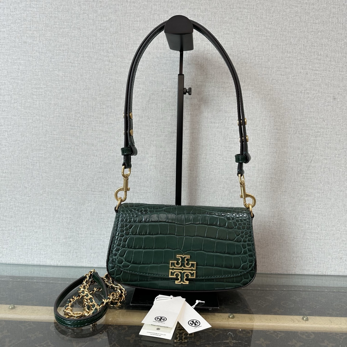 99新 TORY BURCH/汤丽柏琦 Britten绿色金扣鳄鱼纹单肩包 11561