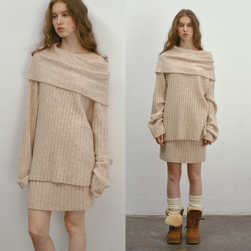 popchrio◆一字肩慵懒大翻领羊毛套头毛衣针织衫半身短裙子女