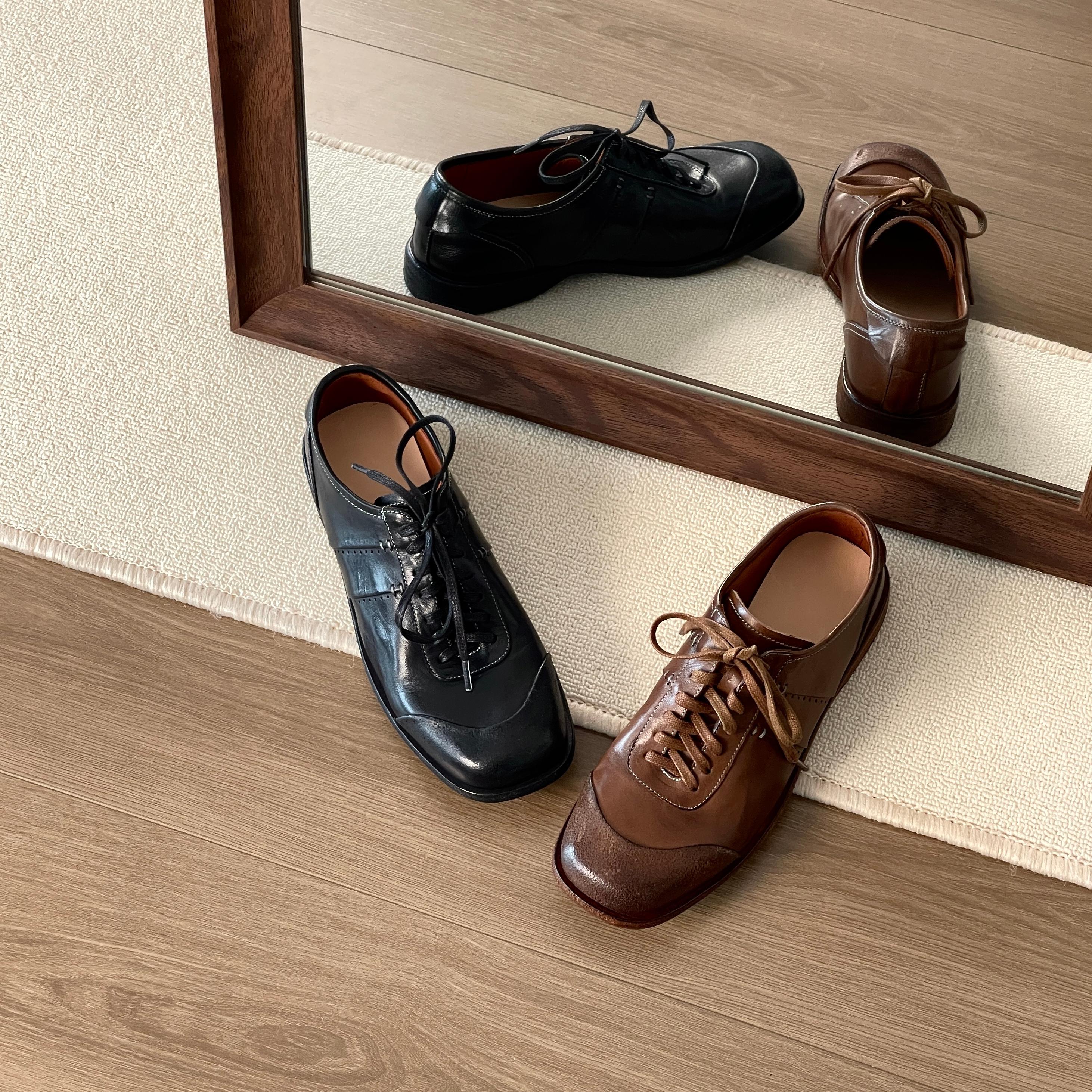 HUSSLOVE 水洗马皮·跟高2.5Cm·复古百搭英伦风质感手工系带德训鞋