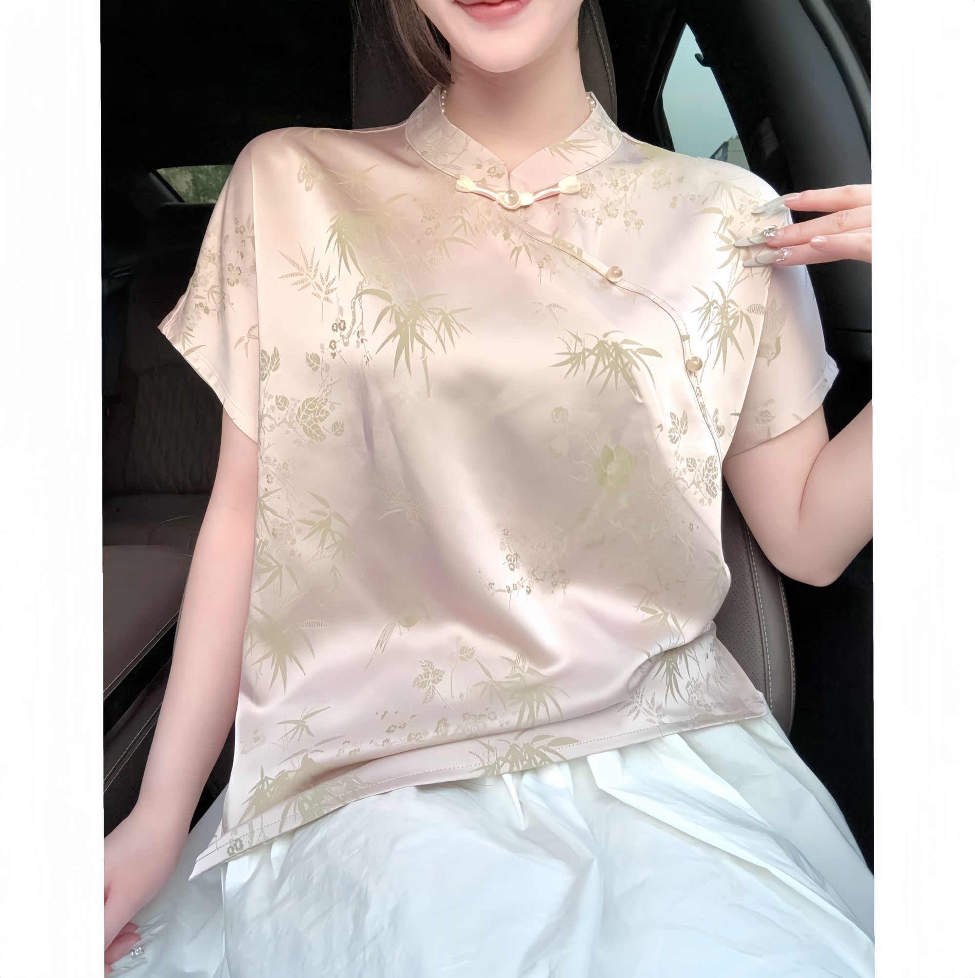 【小粉竹】短袖小衫丝滑竹子舒适女装百搭透气精致提花手工盘扣