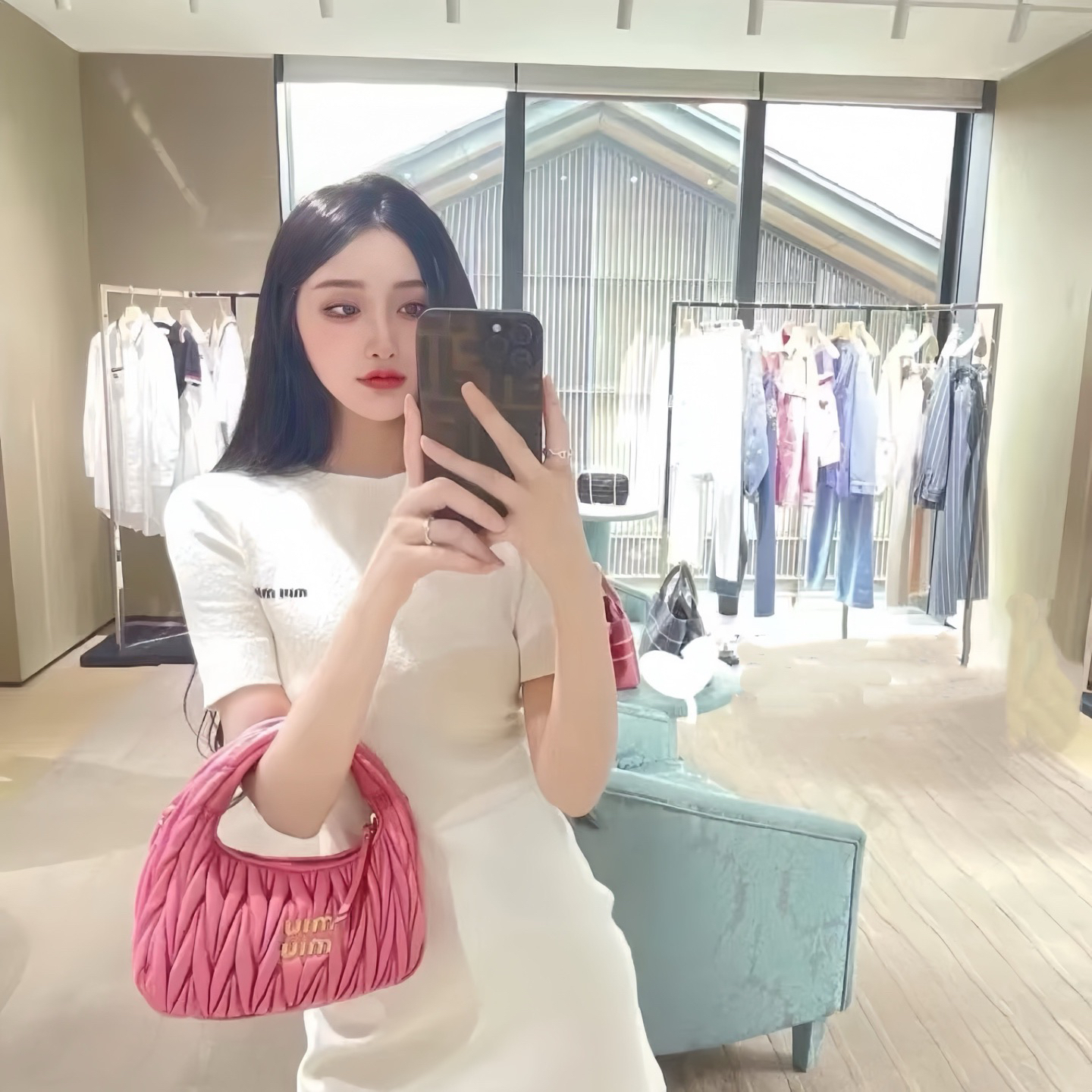 99新 MIU MIU/缪缪 D500167/肌理白色毛巾连衣裙/38码