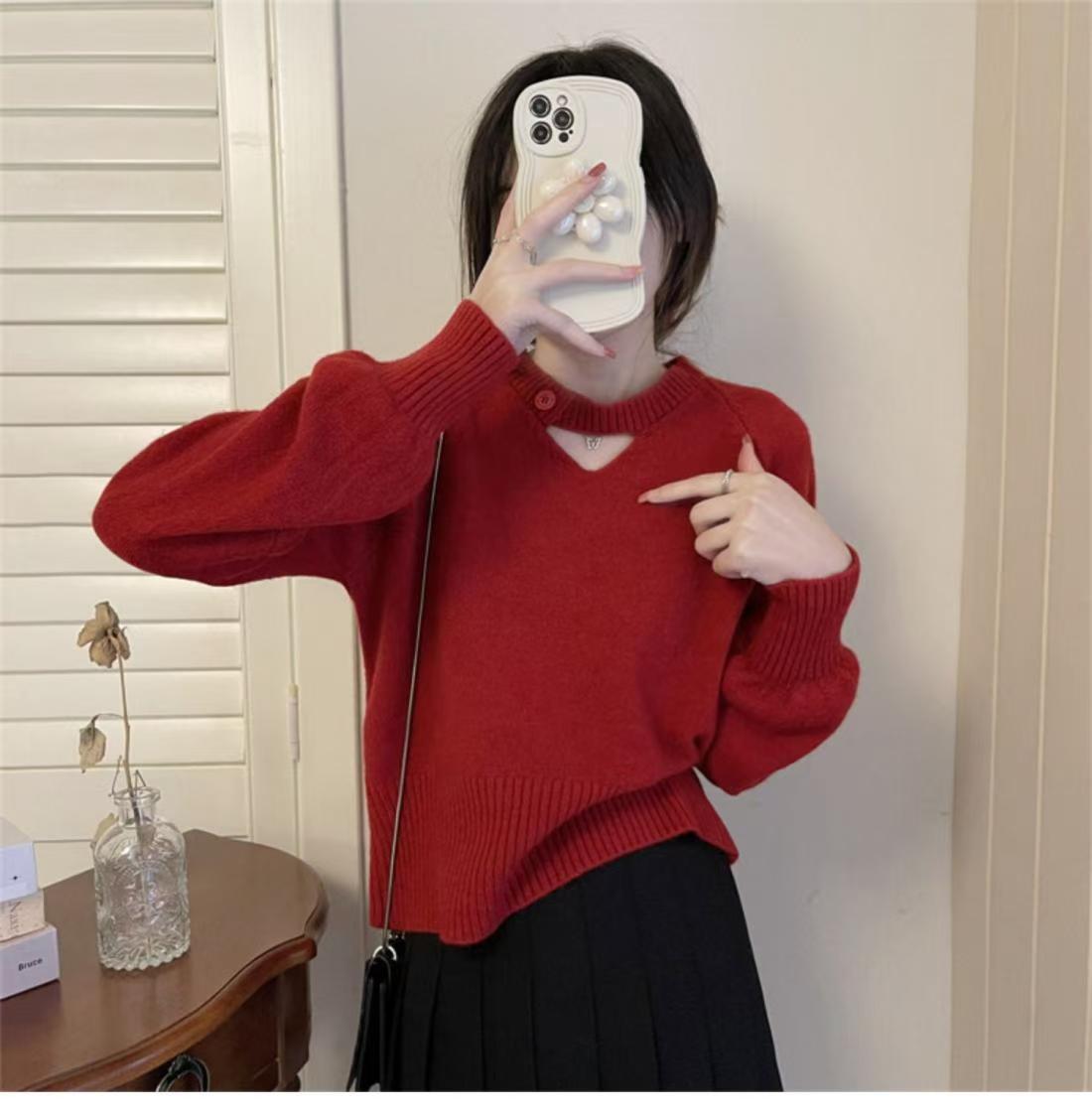 套装两件套红色紫色V领洋气圣诞女装搭配黑色毛衣宽松秋冬百褶裙