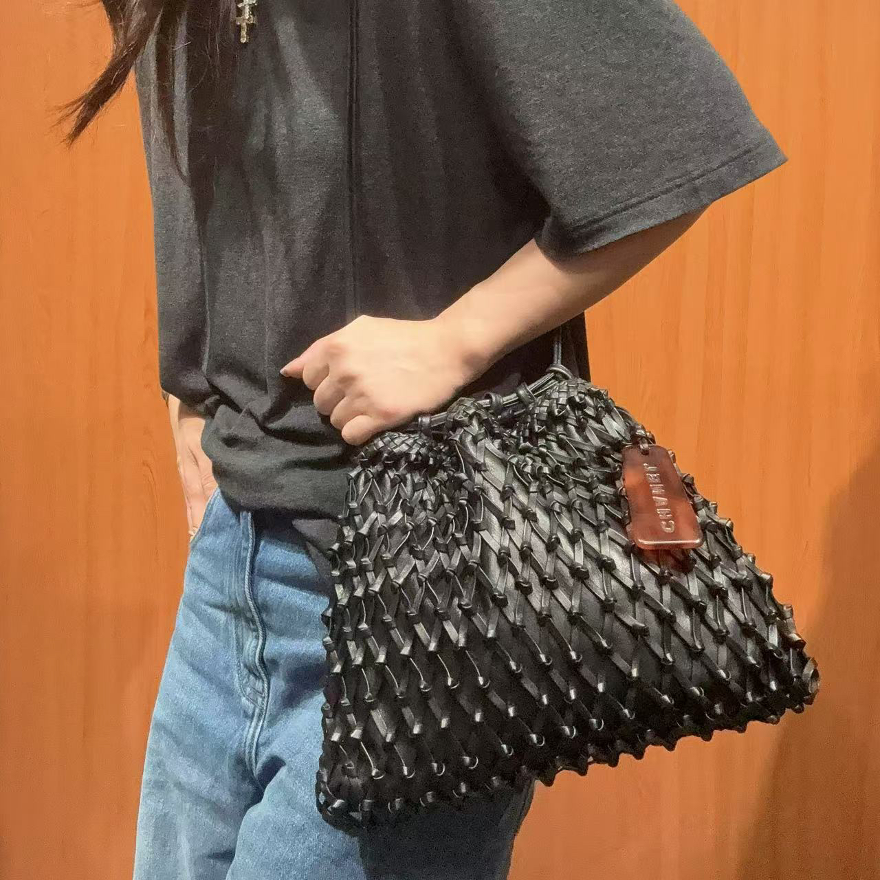 95新 Chanel/香奈儿 【蕾】 7MP523 黑色网兜斜挎包