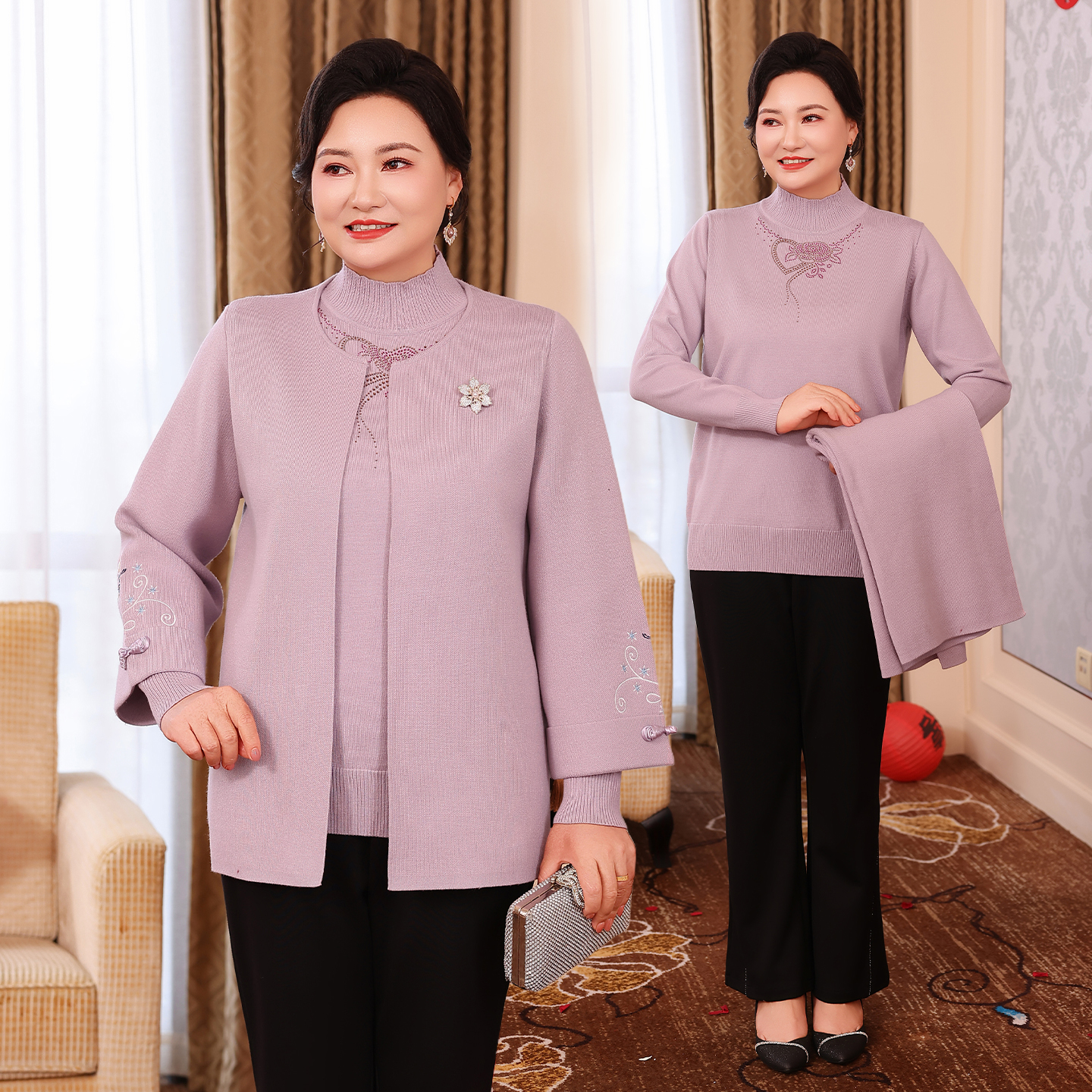 新娘妈妈婚宴装结婚父母服装10月份穿的喜婆婆装针织套装WM25721