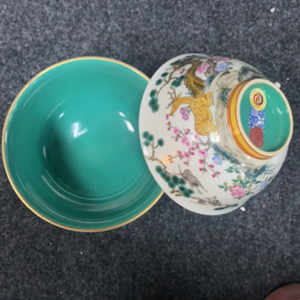 松鹤麋鹿描金对碗