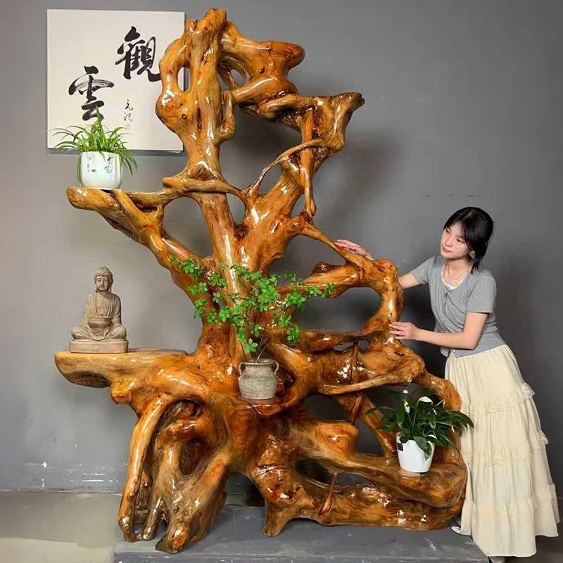 大型香樟木树根天然实木根雕花架客厅落地原木摆件