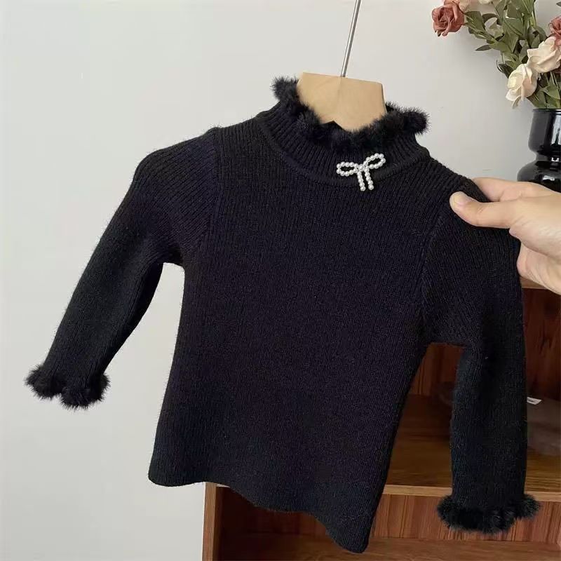 B241女童冬季黑色韩版花边黑色加绒毛衣