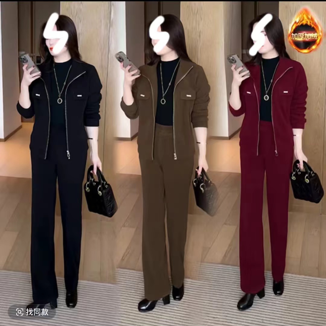 【运费险】2025年秋冬新款时尚休闲宽松显瘦加绒加厚两件套套装女