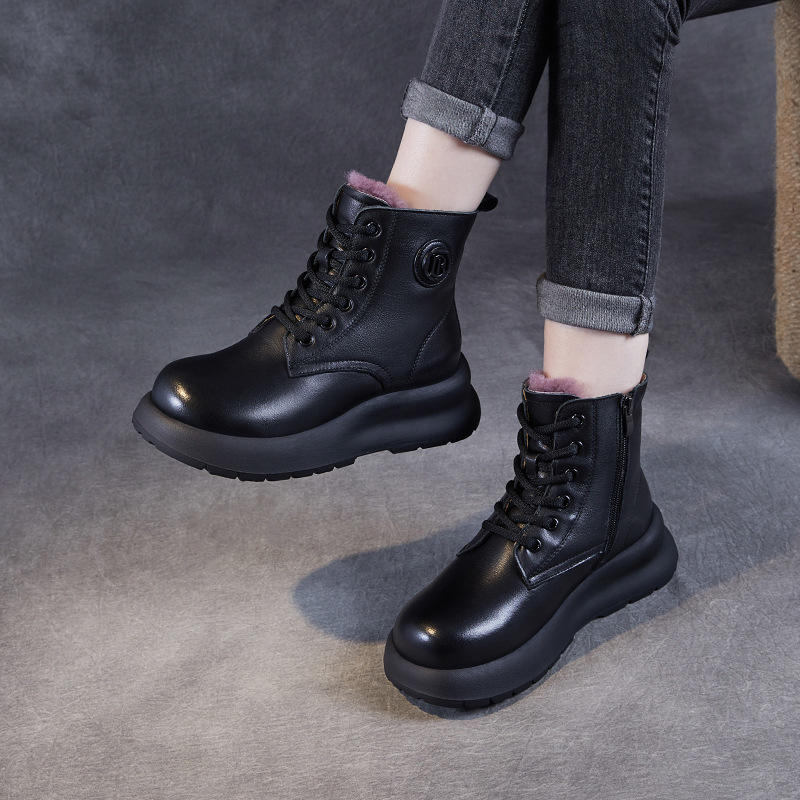 冬手工真皮短筒女靴加绒圆头系带中跟大码马丁靴头层牛皮保暖棉靴