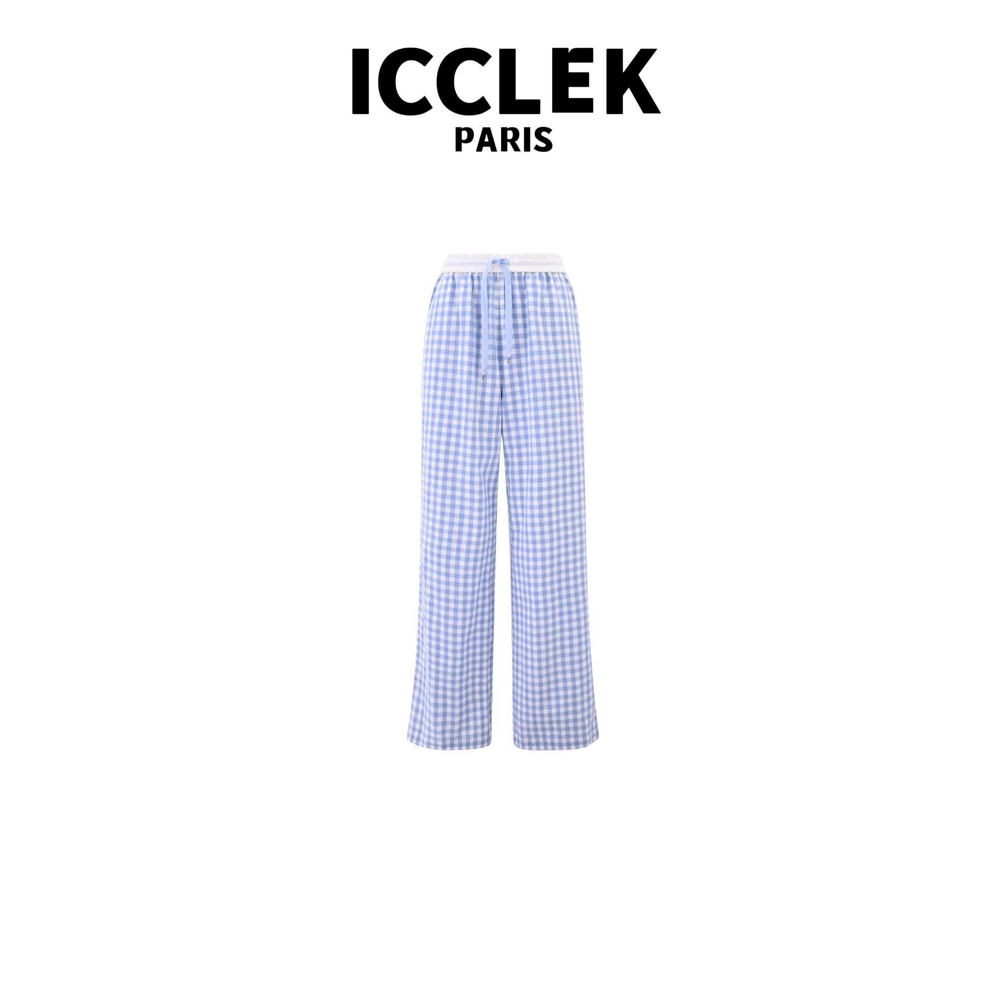 XY 蓝色格子早春夏季经典休闲时尚百搭阔腿裤女宽松裤子-7083