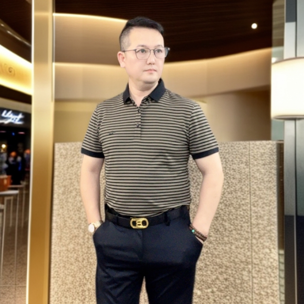 男翻领条纹修身POLO衫上衣潮流夏季短袖Polo衫