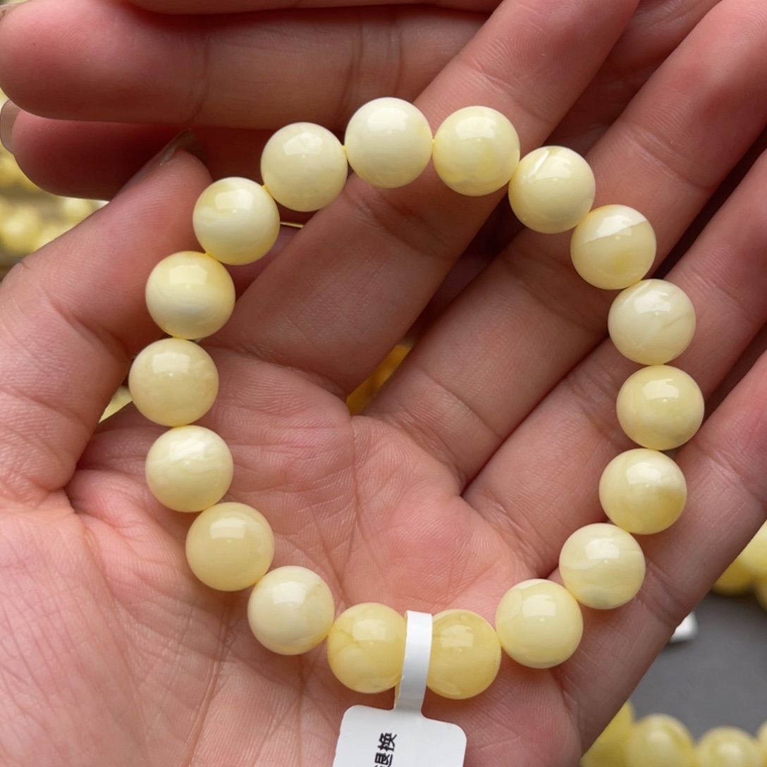 裸石琥珀未镶嵌蜜蜡圆珠手串卡十浓白妖花