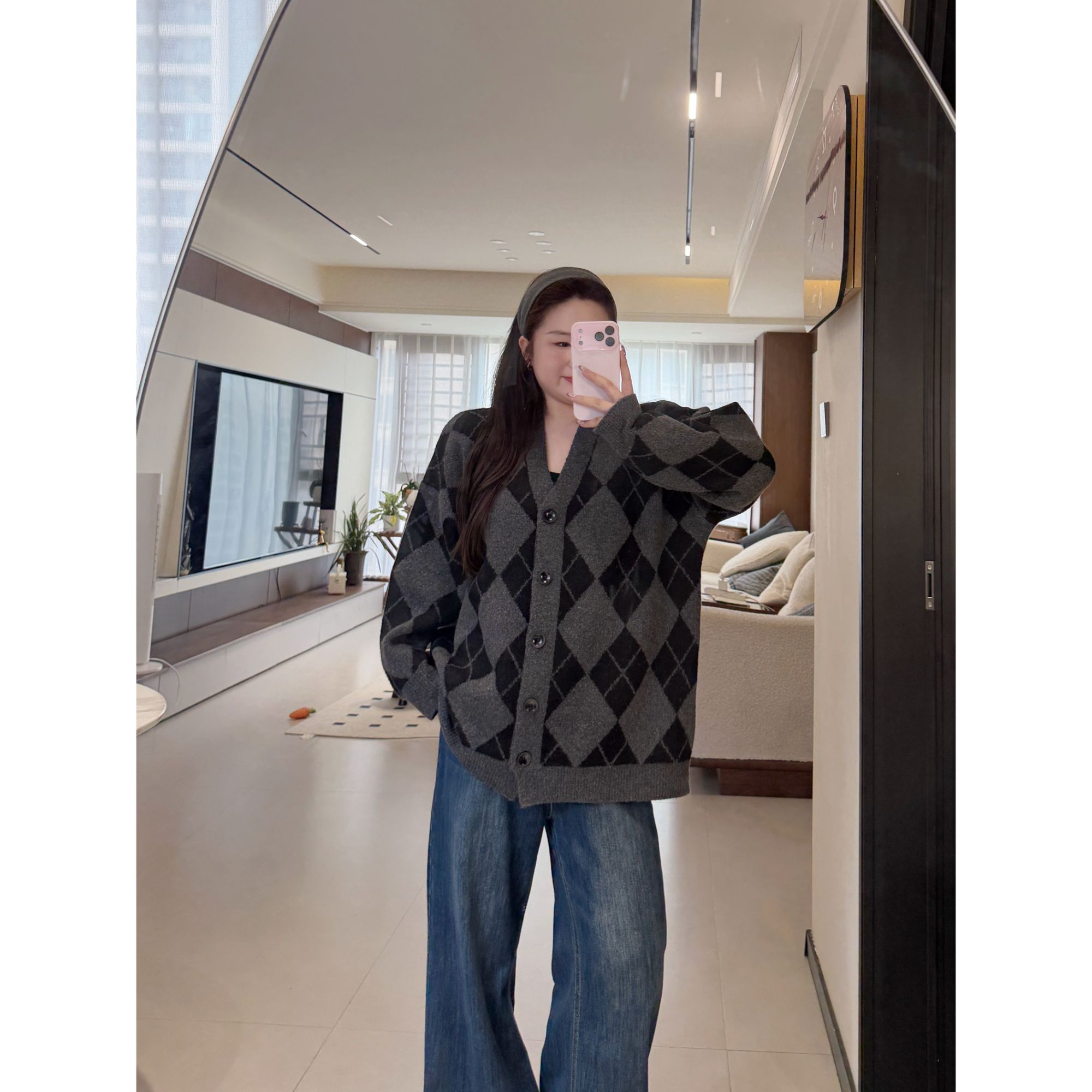 【火火】秋冬复古菱格拼色长袖针织开衫百搭慵懒宽松纽扣毛衣外套