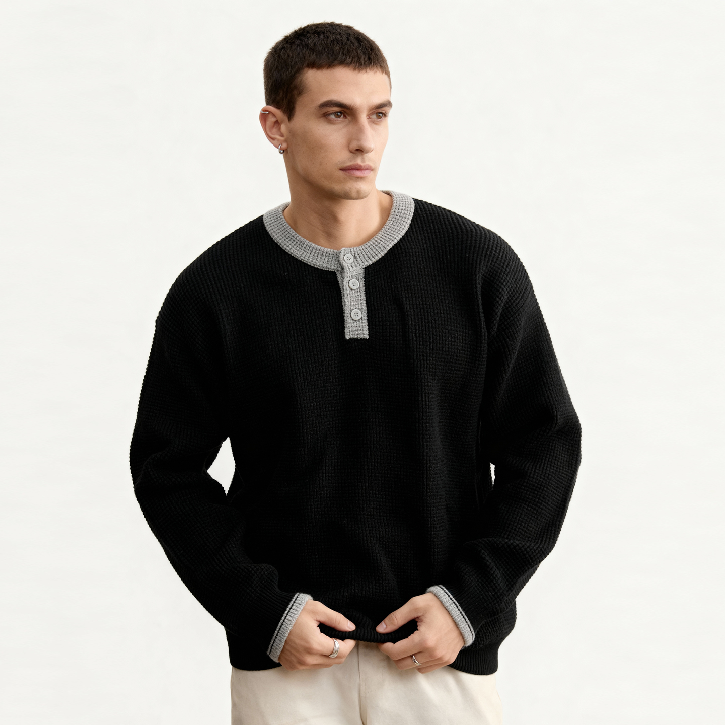 华夫格钩花拼色针织衫男士秋冬季内搭高级感老钱风痞帅毛衣上衣