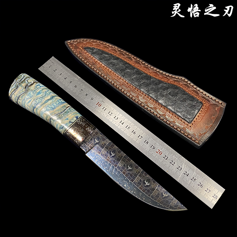 新款手工锻打瑞典大马士革钢烤蓝马赛克纹高硬度锋利收藏把玩直刀