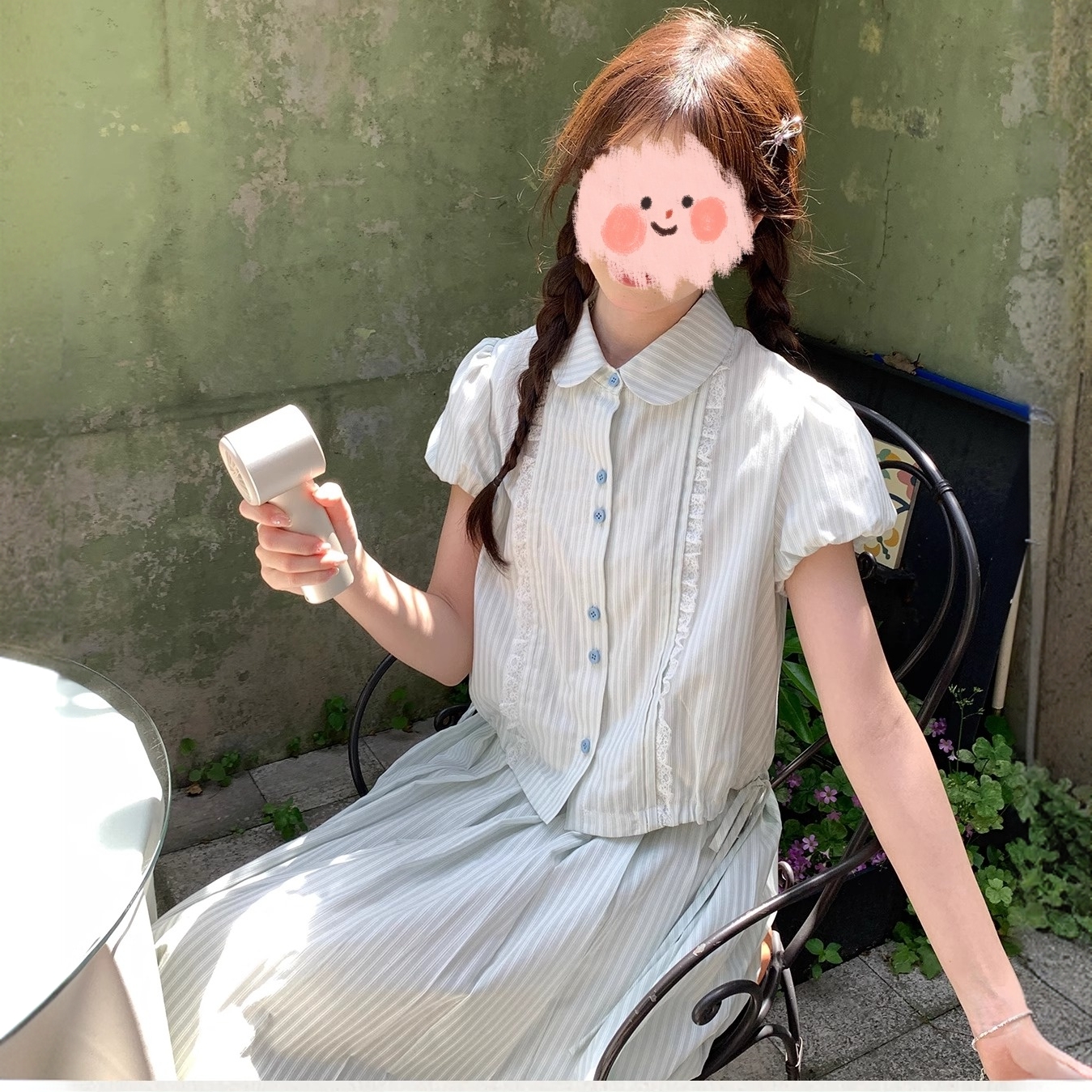 甜美条纹短袖娃娃领衬衫中长款半身裙套装裙两件套女夏