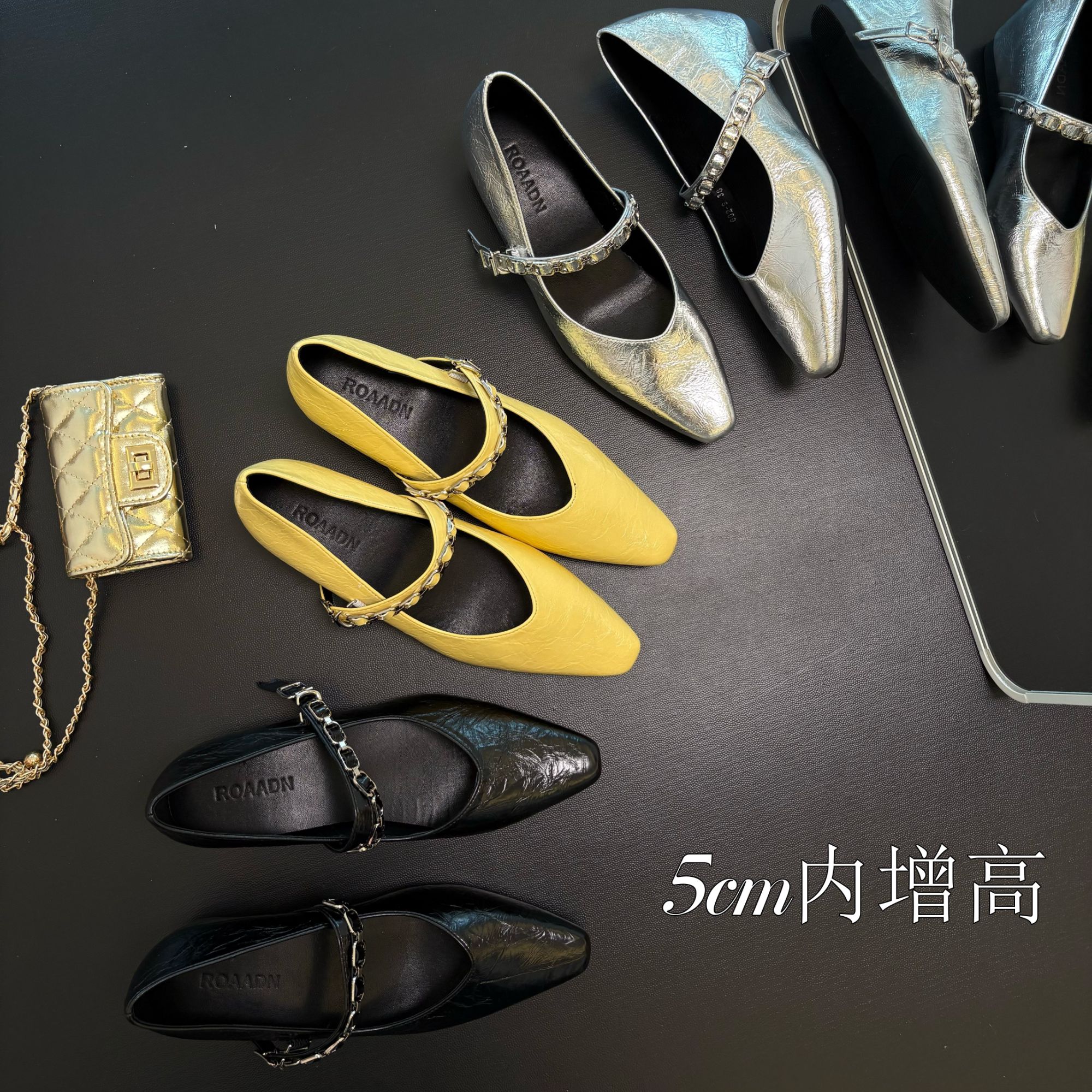 5cm内增高~小个子法式复古小方头浅口气质百搭一字带玛丽珍女单鞋