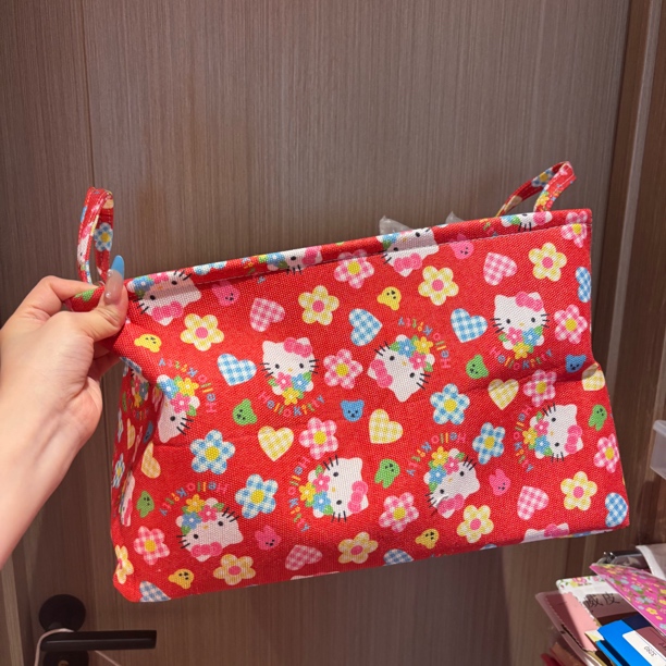 Kitty 双提手收纳篮加厚红色抱花花