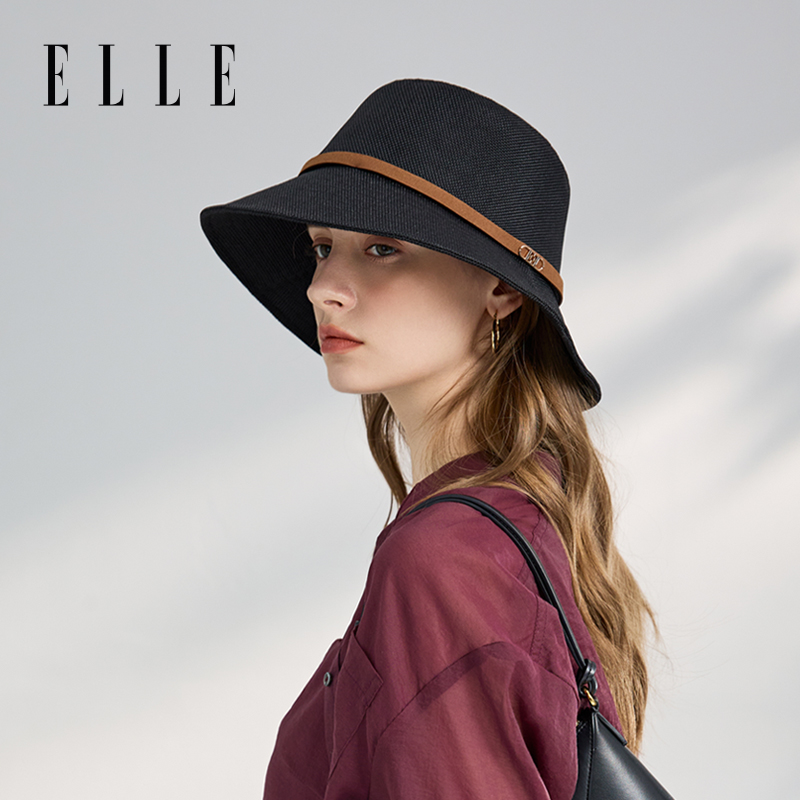 ELLE皮带装饰渔夫帽女夏季户外出游时尚百搭遮阳防晒帽36SE13013