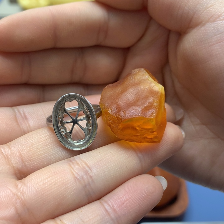 银S925镀金镶嵌定制琥珀渔***子蜜蜡工坊原石定制