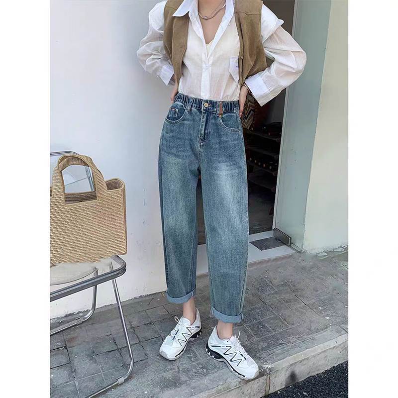 （女装）88832 蓝色松紧高腰显瘦遮胯春秋百搭老爹牛仔裤