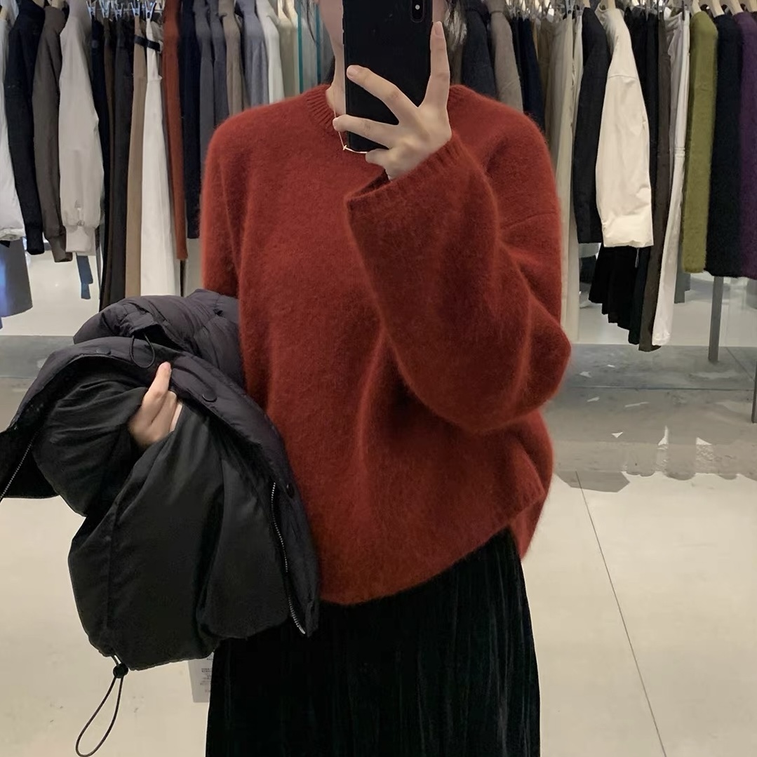【大牌口红显白色】2025百搭宽松圆领红色保暖舒适厚款针织衫绒衫