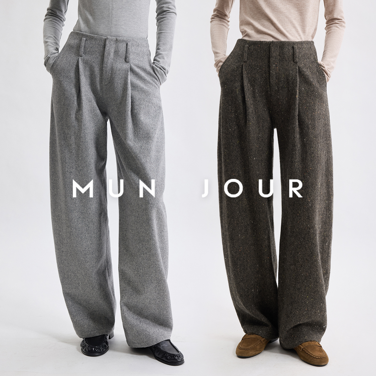 自在通勤_重磅混色羊毛彩点極简静奢老钱连腰休闲压褶阔腿弯刀裤