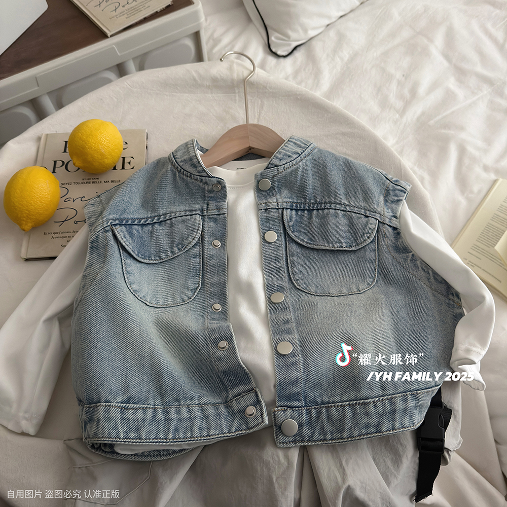 儿童牛仔马甲春秋款外穿坎肩男女宝百搭上衣时髦单排扣立领外套潮