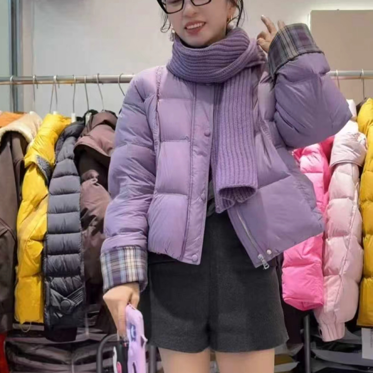 【NW】新款韩版格子拼接立领围脖宽松百搭高品质短款羽绒服