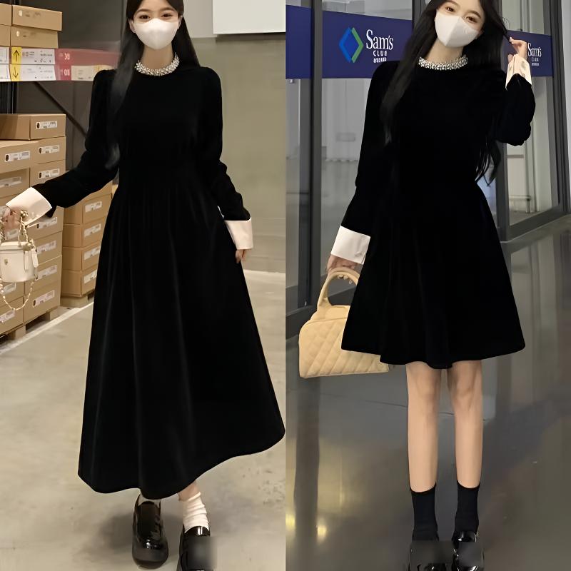 2025新款显瘦辣妈高级感新中式丝绒内搭裙子气质时尚小黑裙赫本风