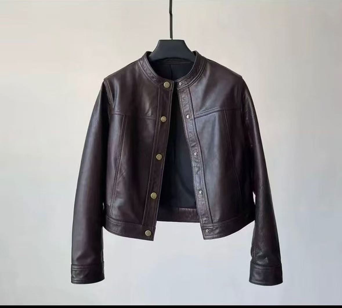 海宁复古气质长袖高级感小立领皮衣女款春秋季短款机车夹克2503