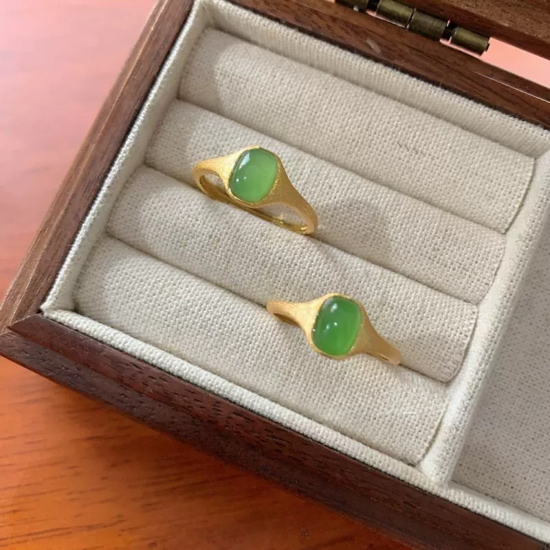 天然和田碧玉长方糖S925银镶精致时尚女士可调节戒指气质简约