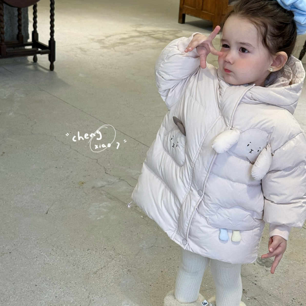 橙小七2025冬季新款韩版女童小童可爱狗耳朵加厚连帽羽绒服外套