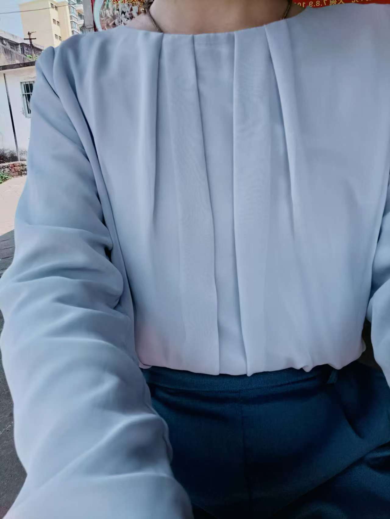褶皱时尚休闲上衣七分袖衬衣圆领女装修身型女士气质成人衬衫