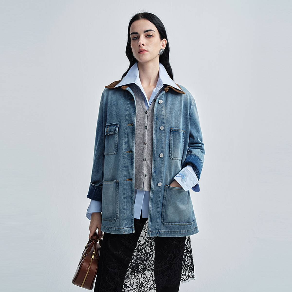 【双12】恩派雅2025新款灯芯绒领高弹针织牛仔衬衫外套XNKADJ102A