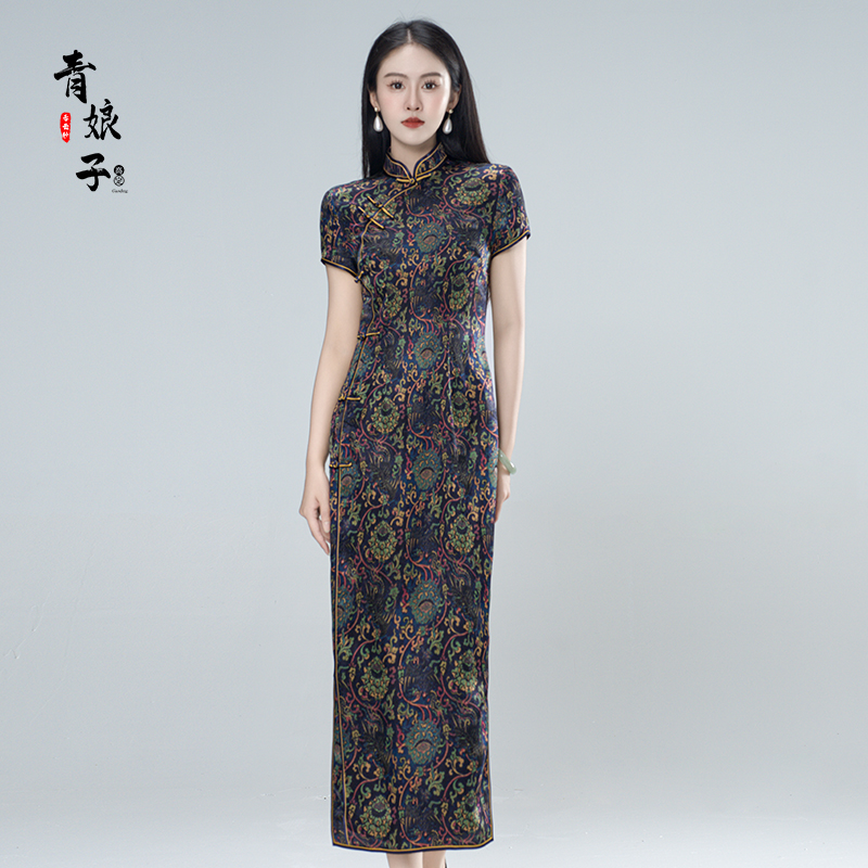 青娘子香云纱（池雨）提花修身复古气质新中式立领旗袍连衣裙-61104