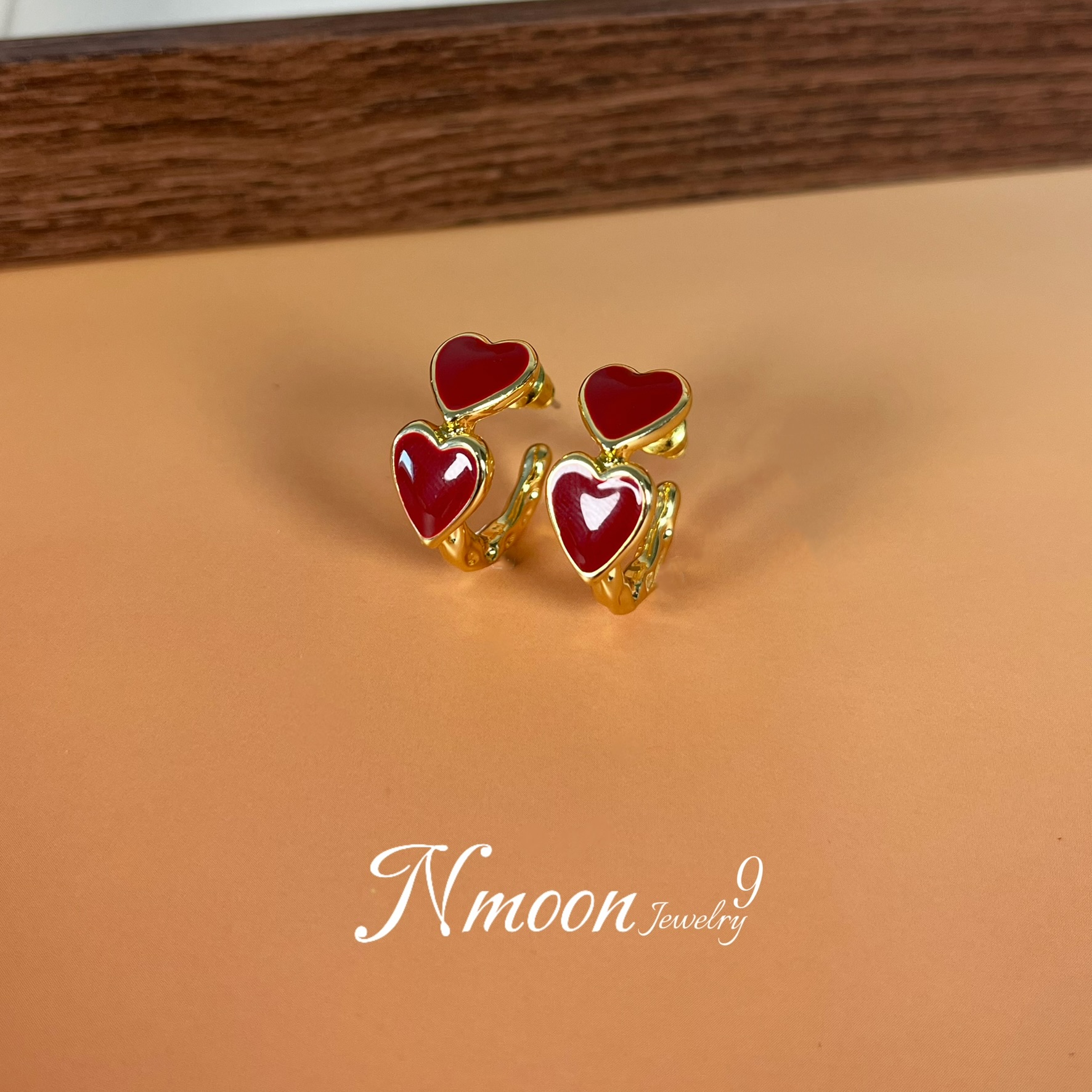 铜合金珐琅耳饰 九月商店 |复古珐琅红色爱心耳钉小众c型耳圈A03