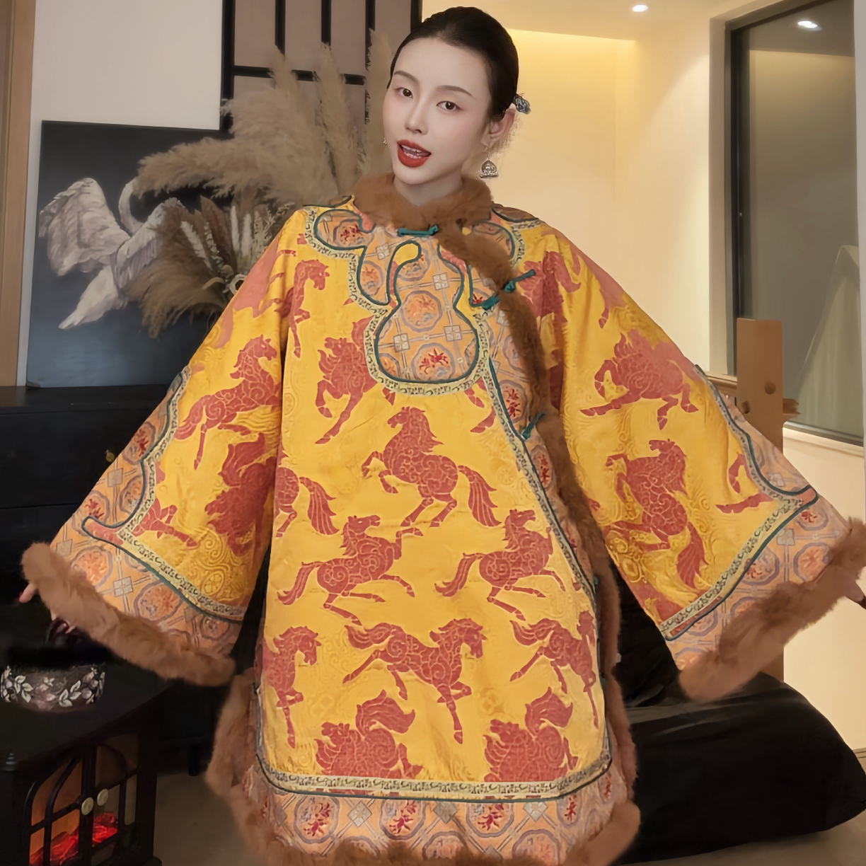 寶.ZBB原创《金马贺岁》新春款非遗 漳绒缎 国风加厚兔毛外套