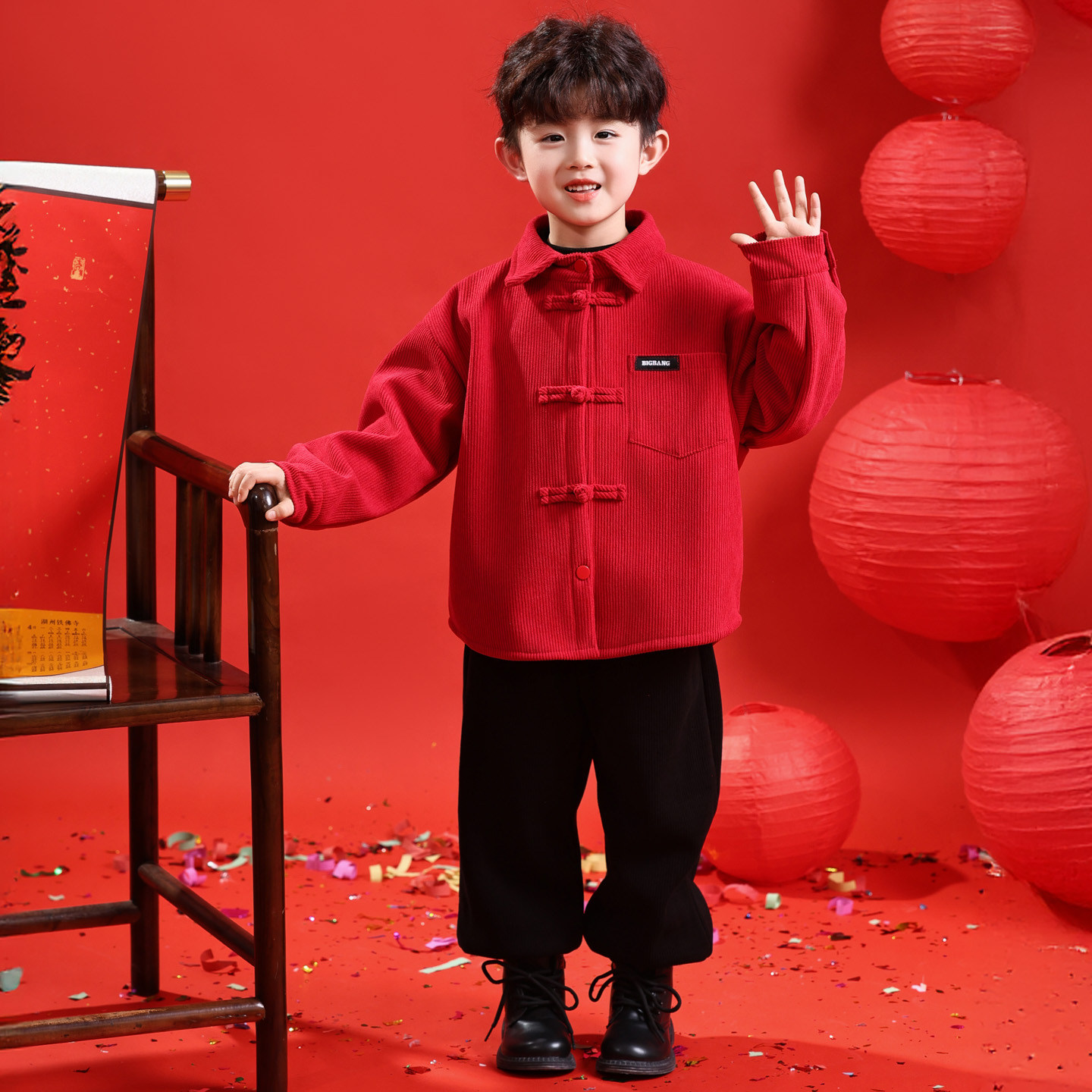 男童拜年服加绒外套冬季儿童洋气衬衫2025新款宝宝新年红色上衣服