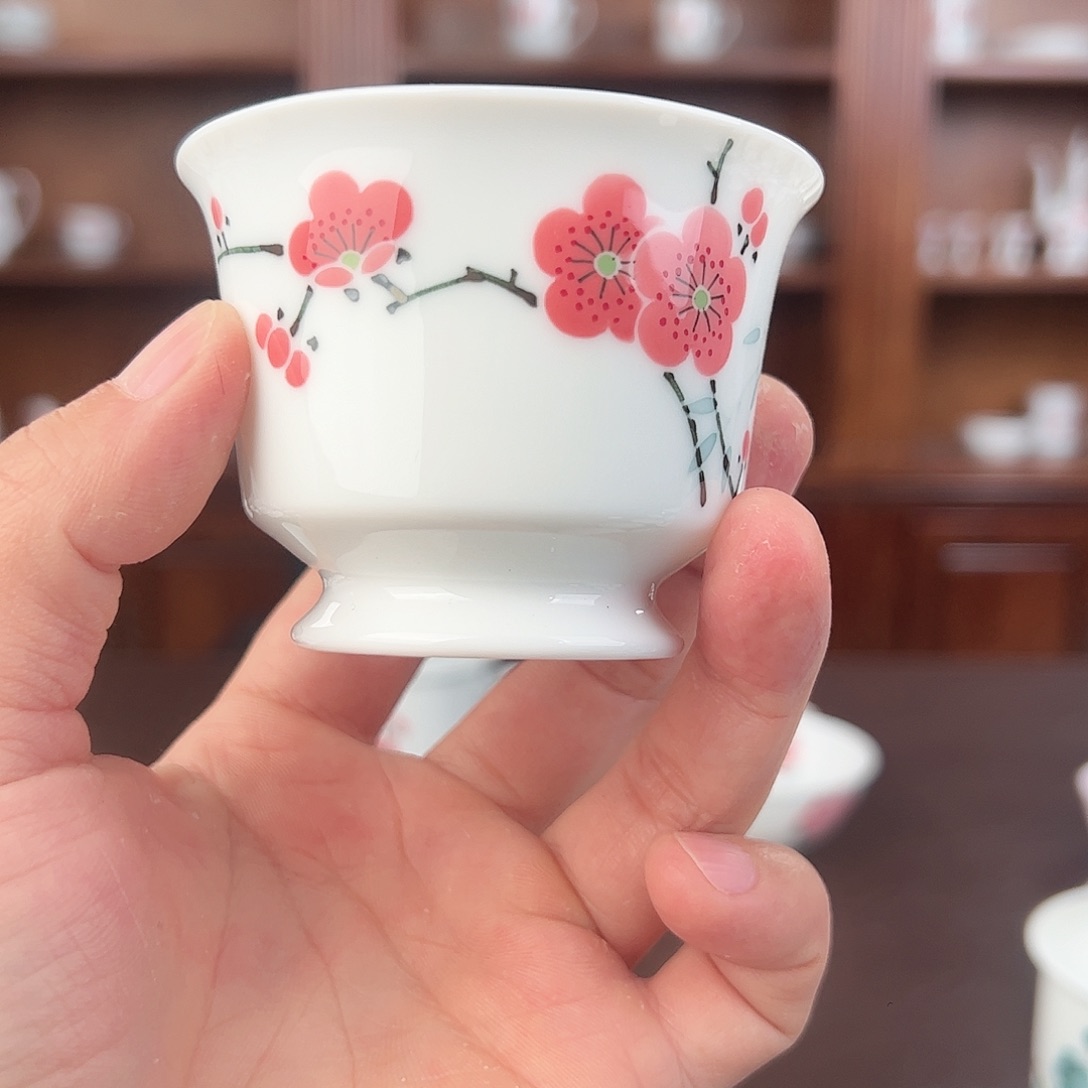瓷翠竹红梅高脚杯微瑕变形