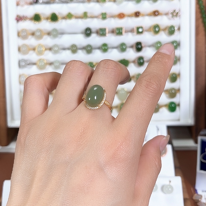 和田玉戒指银S925镀金镶嵌