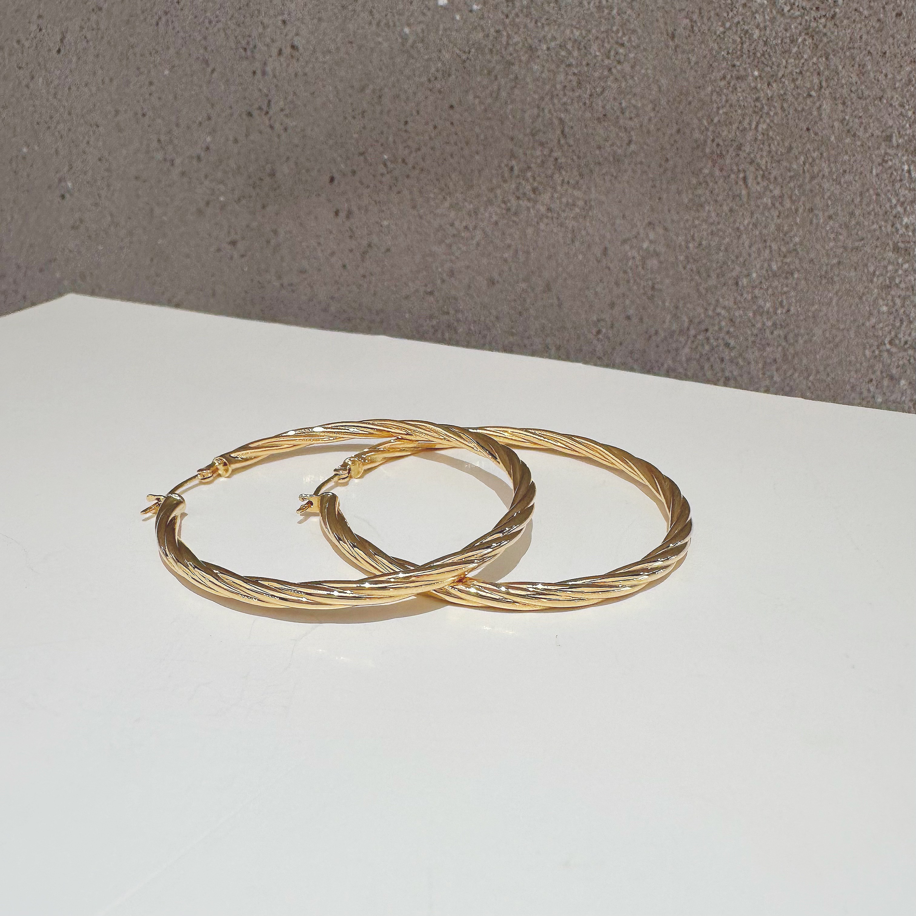 18k金 45mm麻花大耳圈 浅金色经典简约时尚百搭 高级精致女士耳圈