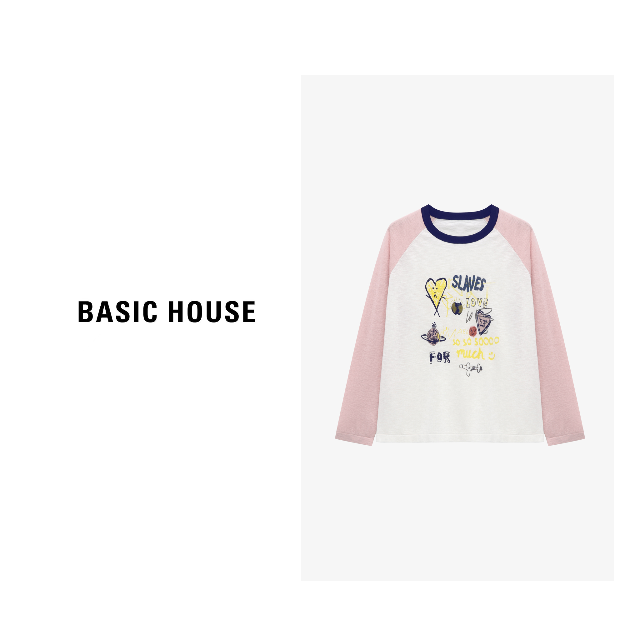 Basic House/百家好时尚印花圆领卡通拼接长袖针织-B0625B5F692