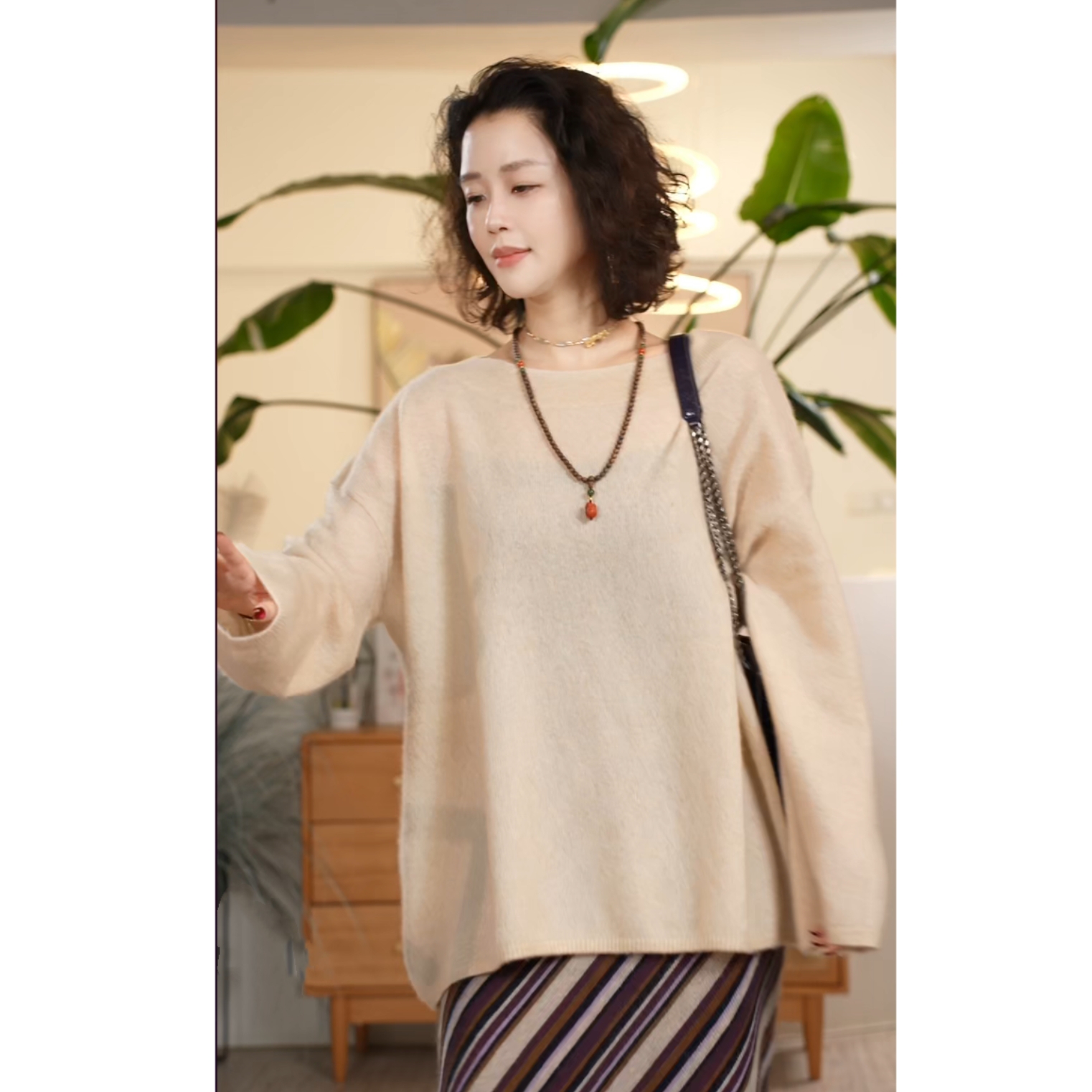 Y【叭哒不惑】雪芙 桑蚕丝羊绒圆领简约针织衫女宽松慵懒毛衣