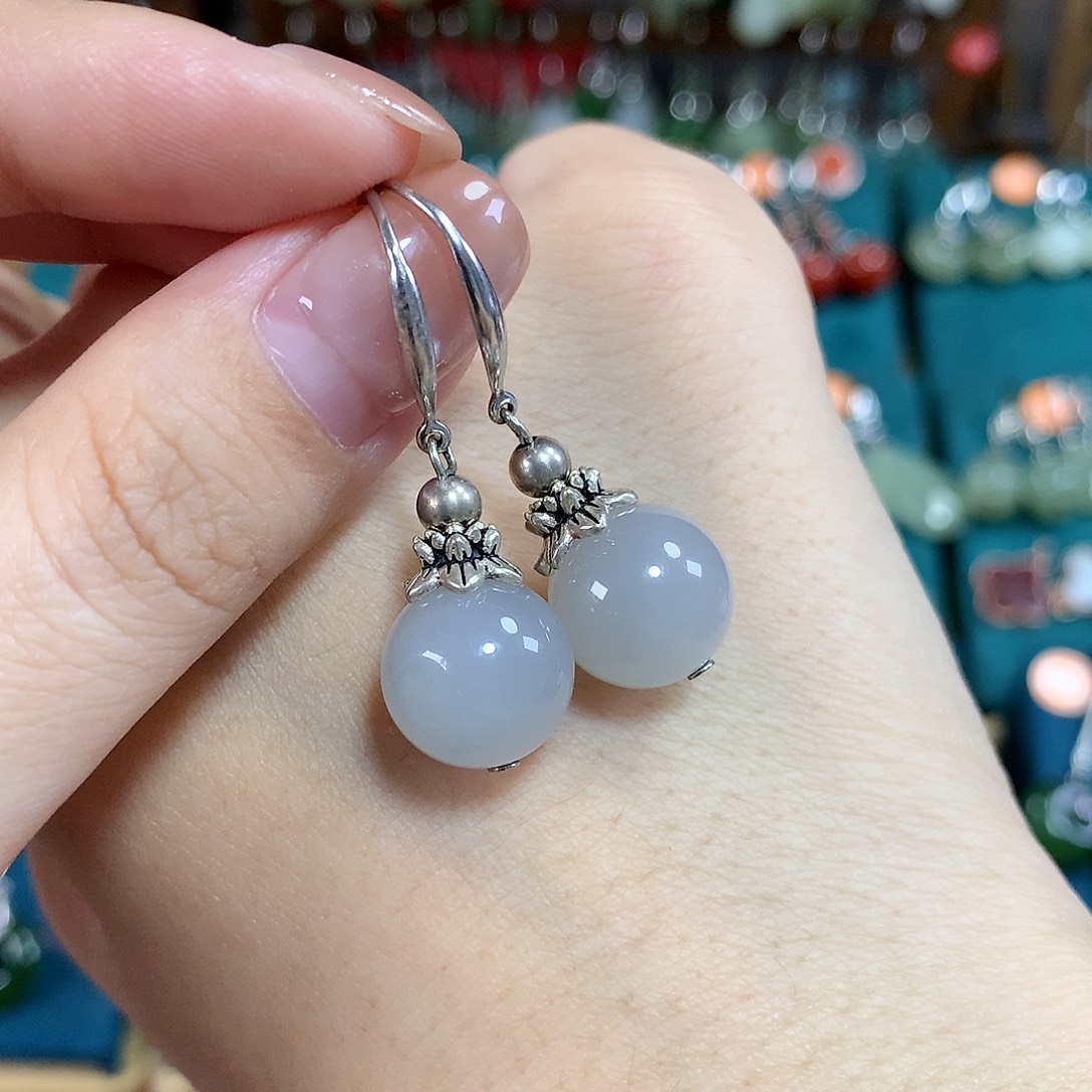 和田玉银S925镶嵌耳饰卡12左右 烟紫