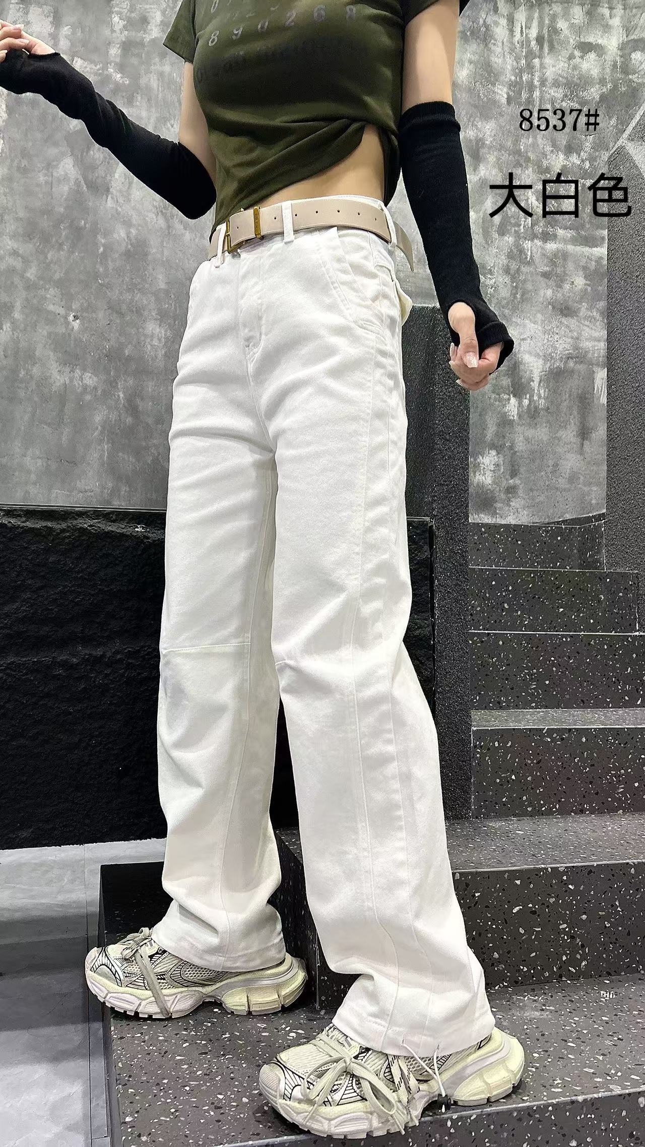 秋季新款水洗微弹慵懒风学院高腰牛仔裤阔腿美式长裤高街长裤显瘦